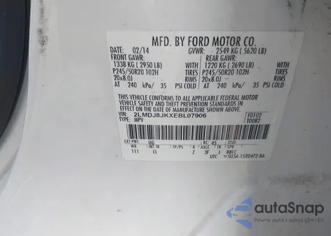 2014 Lincoln Mkx z USA, uszkodzony, nr VIN 2LMDJ8JKXEBL07906